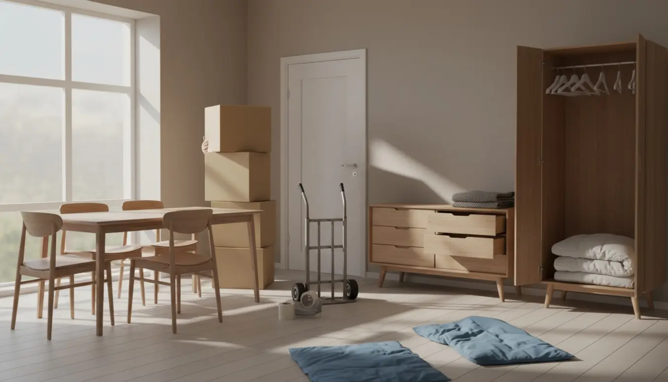 Næsten tom stue med flyttekasser, spisebord med fem stole, kommode og åbent garderobeskab i naturligt dagslys.