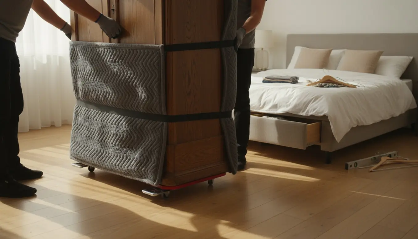 Et træklædeskab bliver flyttet over et lyst soveværelsesgulv med tæpper og møbelløftere, mens hænder guider det.