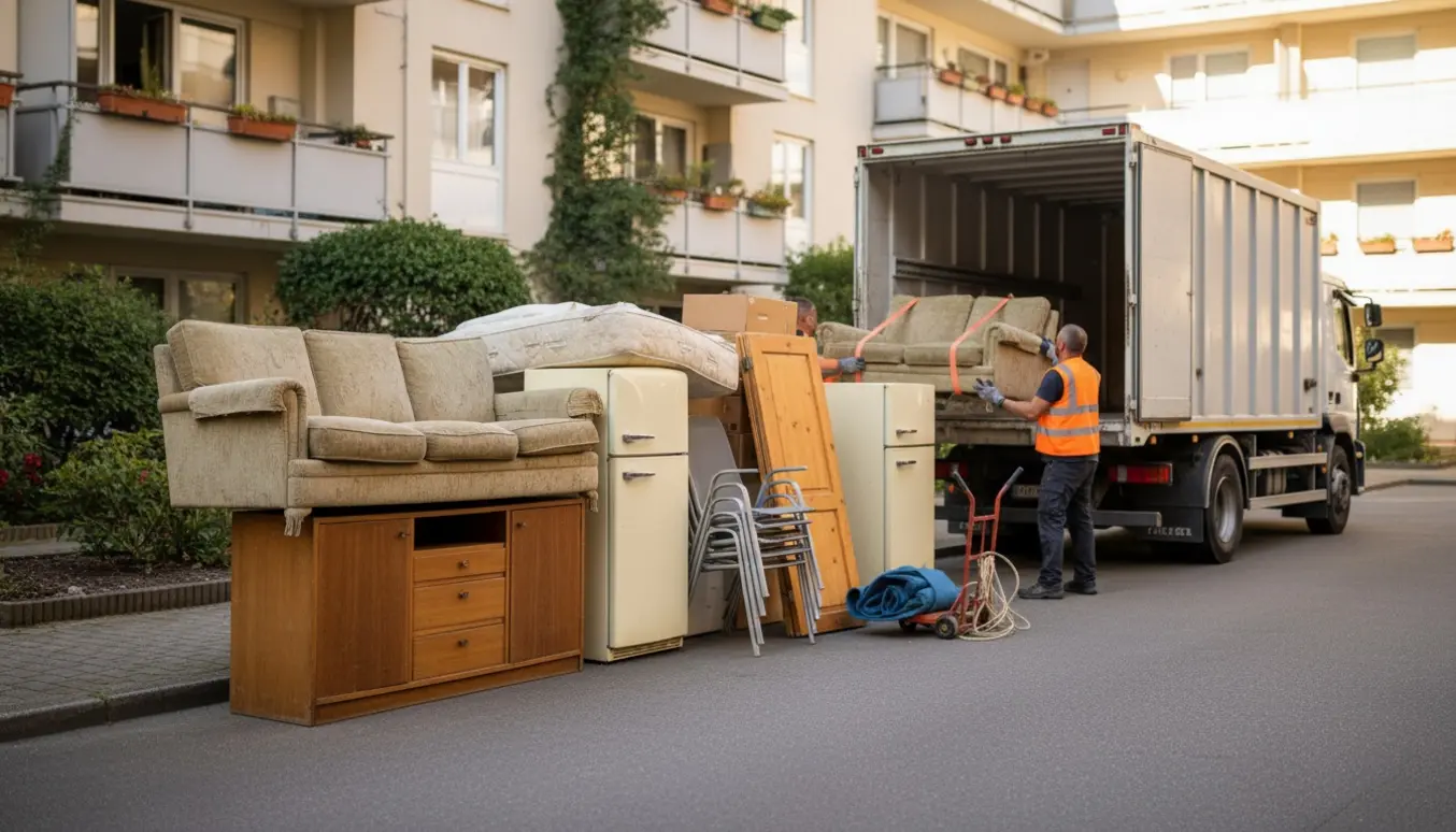 Åben container i boligforeningens gård med sofa, madras og møbler, mens arbejdere læsser storskrald.