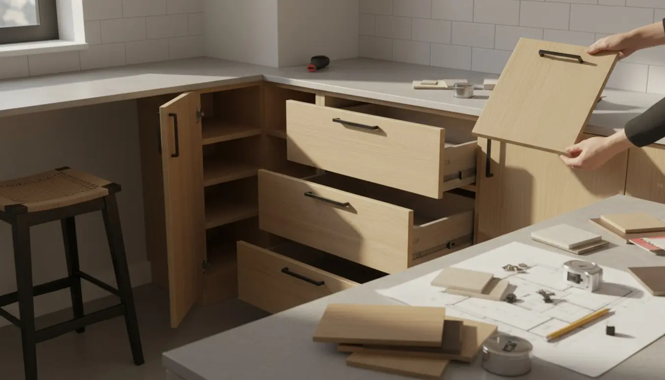 Køkkenplanlægning med højskab, underskabe, bordplade og materialeprøver i naturligt lys.