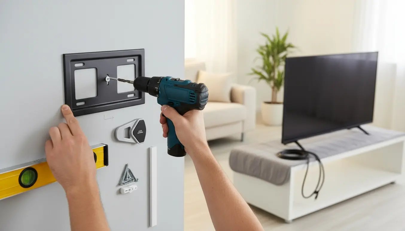 Nærbillede af montering af TV-beslag på væg med drill, vaterpas og værktøj i et lyst, moderne stue.
