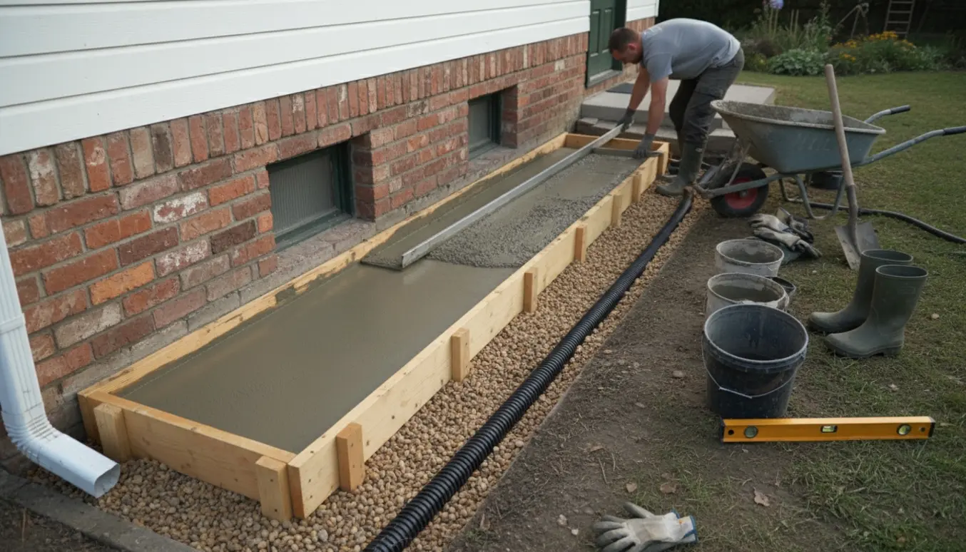Vådt beton fyldes i formede bede langs husets fundament, med en drænkanal der leder regnvand væk.