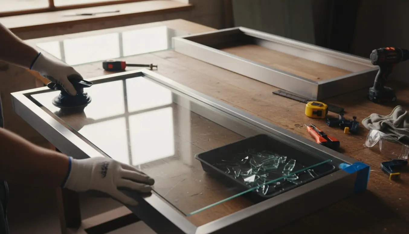 Håndværker fører plexiglas på plads i en montre, med knust glas samlet i en bakke og værktøj på et arbejdsbord.