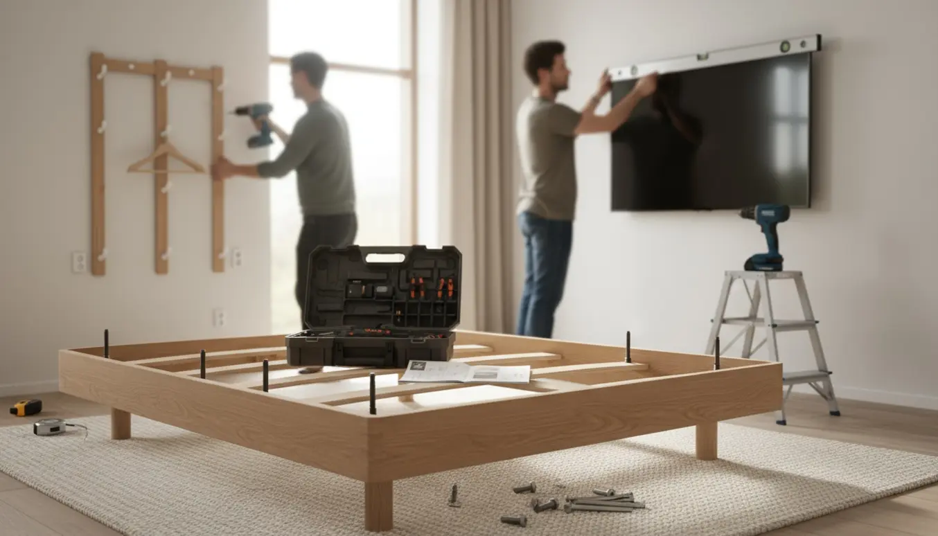 Hænder monterer sengeben, et vægmonteret TV og en knagerække i et lyst soveværelse.