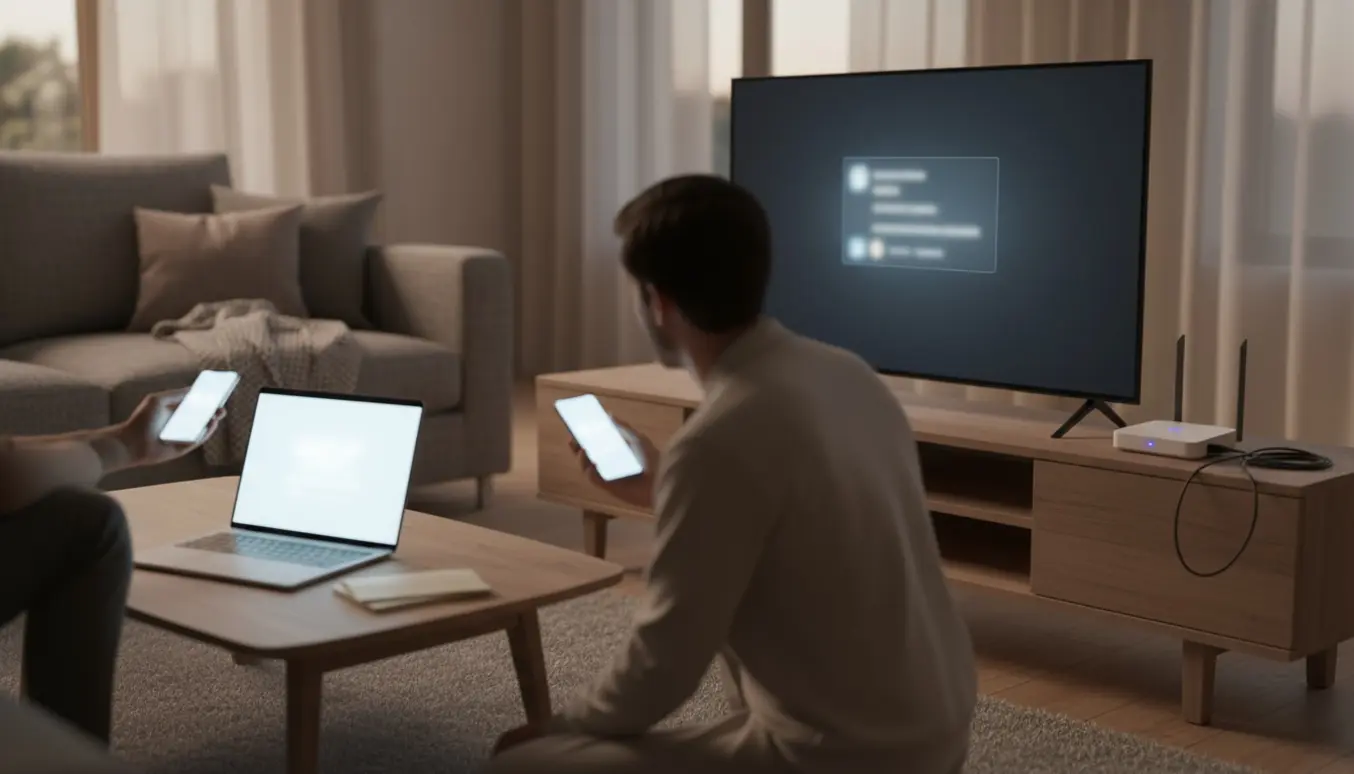 Person forsøger at forbinde et moderne fladskærms-tv til trådløst netværk med router og smartphone i stuen.