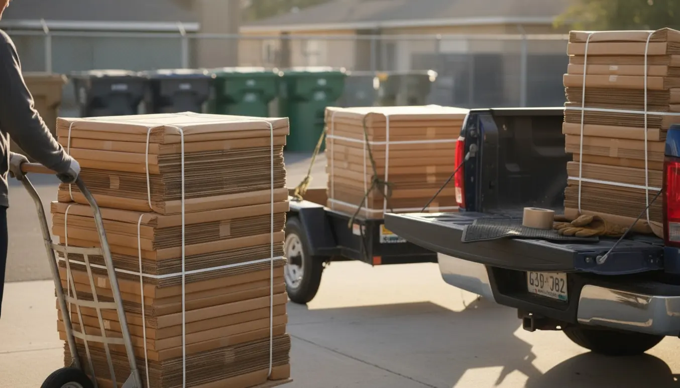 Person læsser store bundter papaffald på en pickup i indkørslen, klar til aflevering på genbrugsplads.