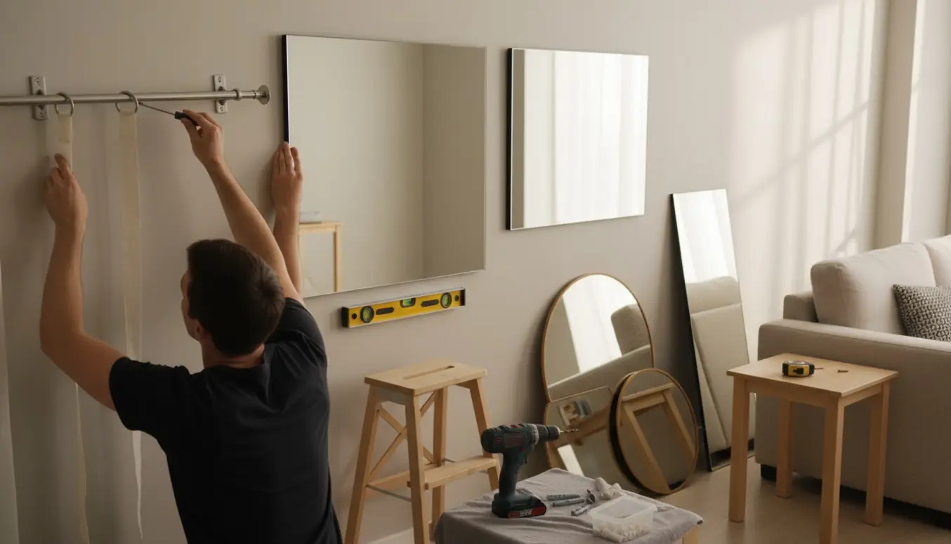 Hænder monterer et spejl på en væg og strammer en løs gardinstang med værktøj og spejle klar ved siden af.
