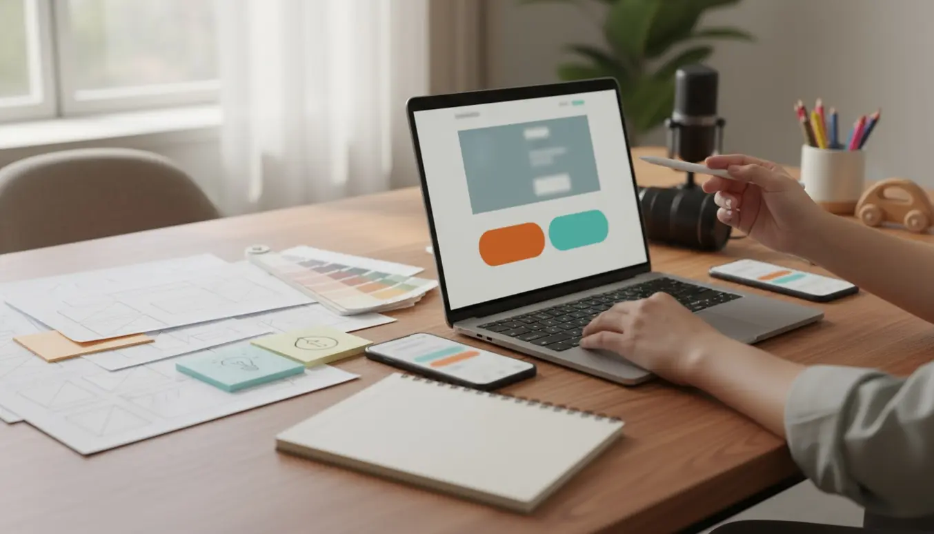 Arbejdsskrivebord med bærbar, wireframes og farvede handlingsknapper, med et barns legetøj i baggrunden.