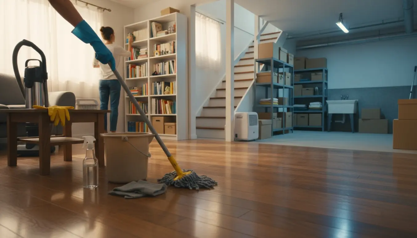 En person i gummihandsker vasker en lys stuegulv med åben trappe til en ryddet, nymoppet kælder i baggrunden.