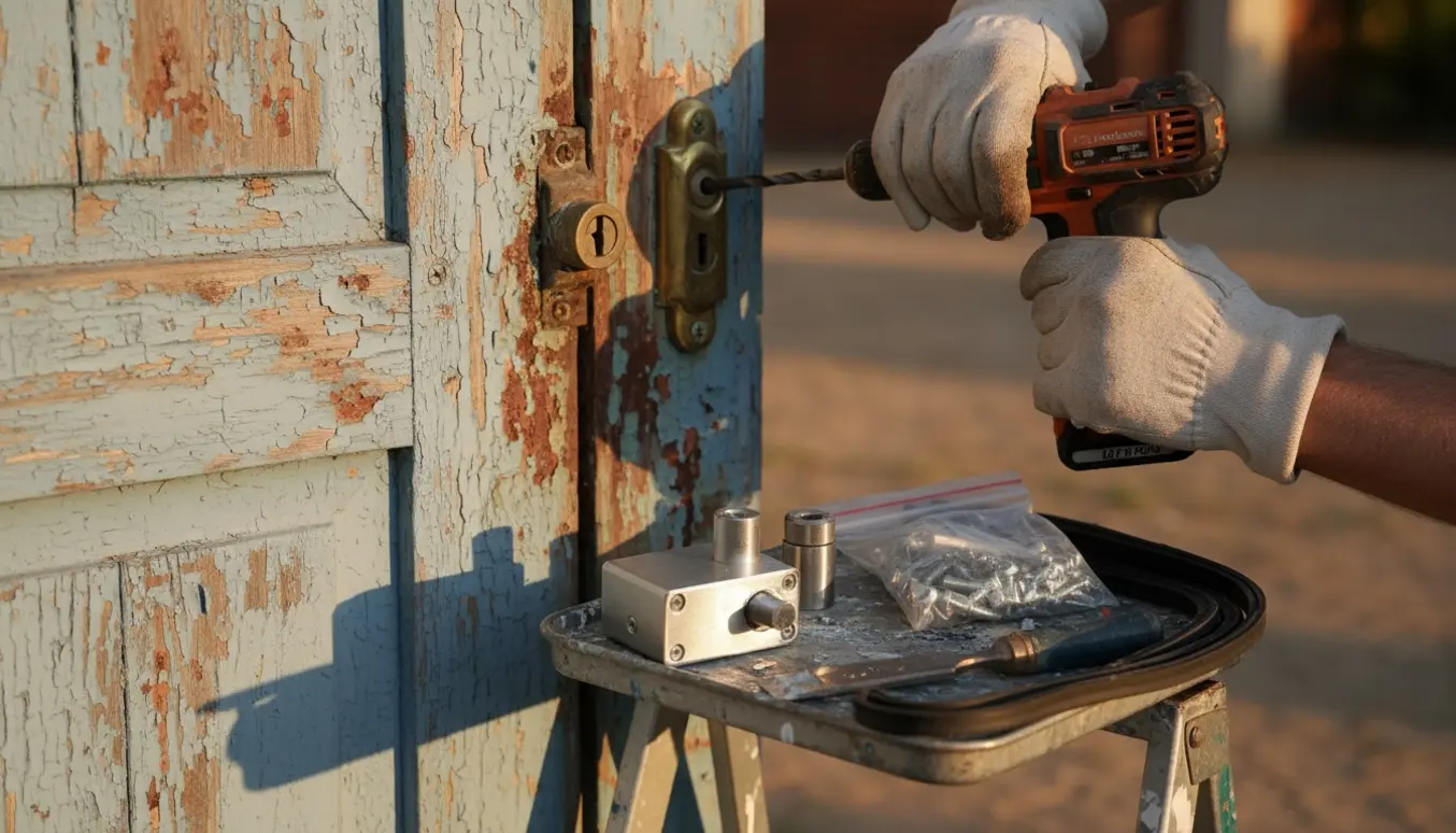 Nærbillede af udskiftning af rustent greb med nyt låsesæt på en garagedør, værktøj ved siden af.