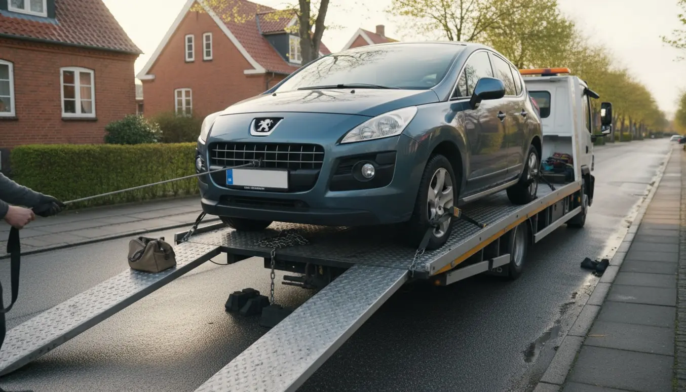 Peugeot 3008 læsses på en fladvogn i en stille forstadsgade mens tekniker sikrer bilen med stropper.