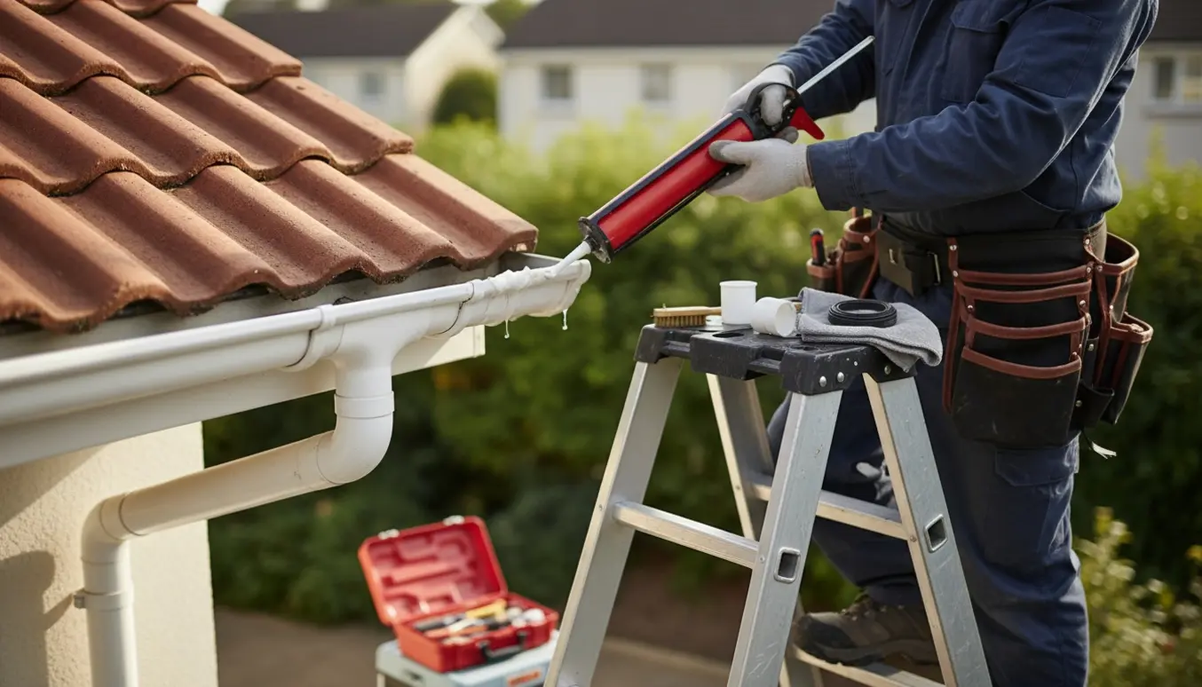 Person på stige reparerer en utæt plastiktagrende med fugepistol og handsker, ansigt ikke synligt.