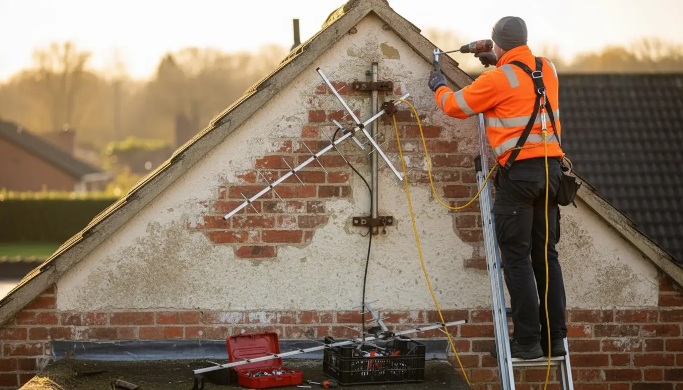 Tekniker fjerner en knækket TV-antenne fra en husgavl med stige, værktøj og sikkerhedsudstyr.