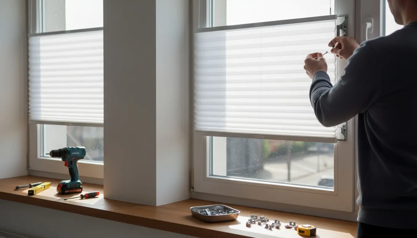 Hænder monterer skræddersyede plisségardiner i et lyst vindue med værktøj på vindueskarmen.