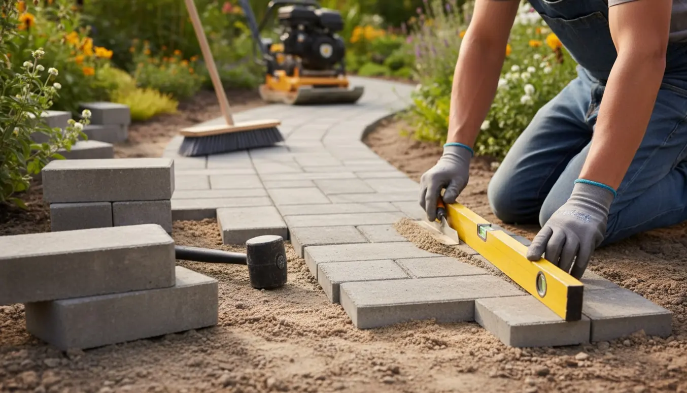 Nærbillede af hænder, der lægger rektangulære fliser på en smal havegang med hårdt, komprimeret jord og værktøj ved siden af.