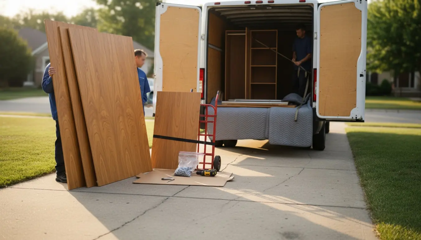 Delvist adskilt klædeskab læsset i en åben flyttebil på en indkørsel med værktøj og flyttekærre.