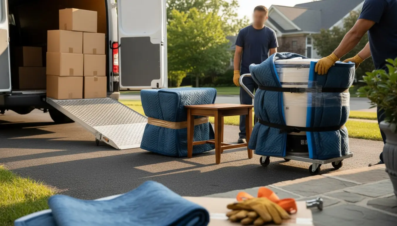 Flyttescene med ni kasser, to indpakkede småborde og en tung, indpakket keramikovn foran en åben flyttevogn.