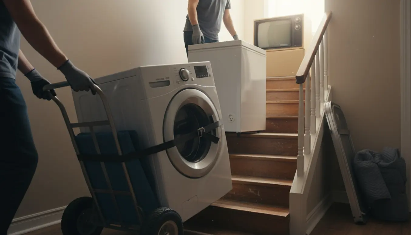 Flytning af lille dybfryser, vaskemaskine og gammelt tv op ad en smal trappe med dolly og flyttetæpper.