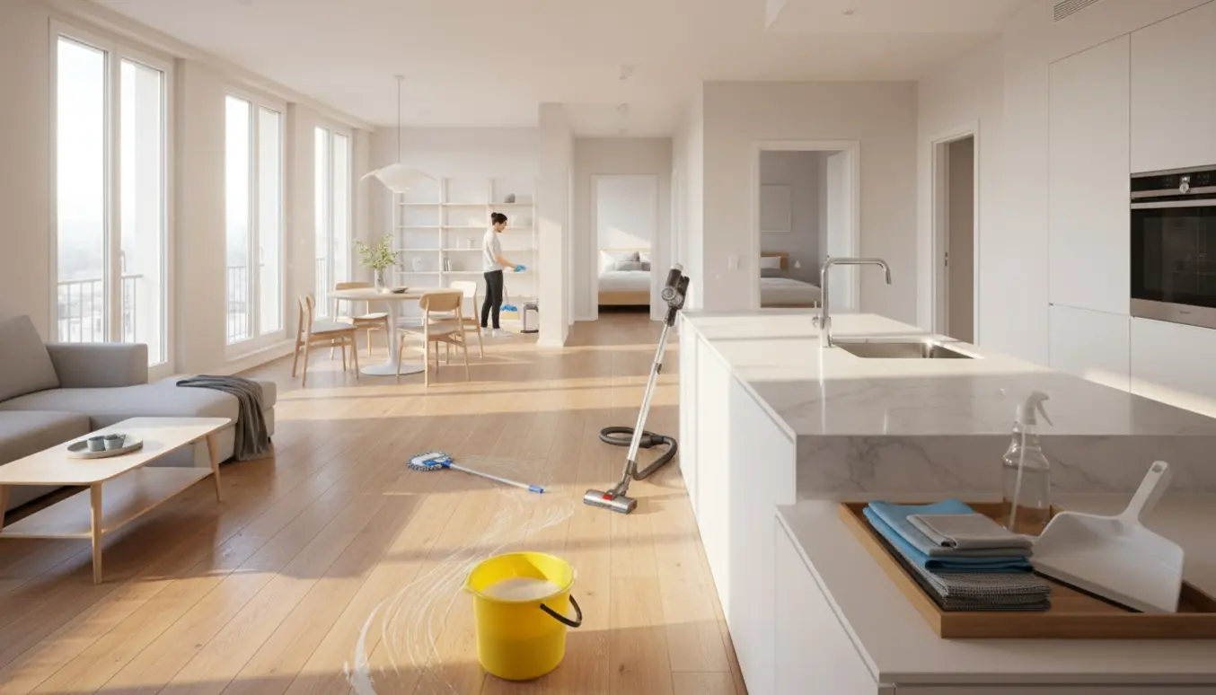 Lyst og nyvasket 105 m² lejlighed med stue og køkken og rengøringsudstyr i forgrunden.