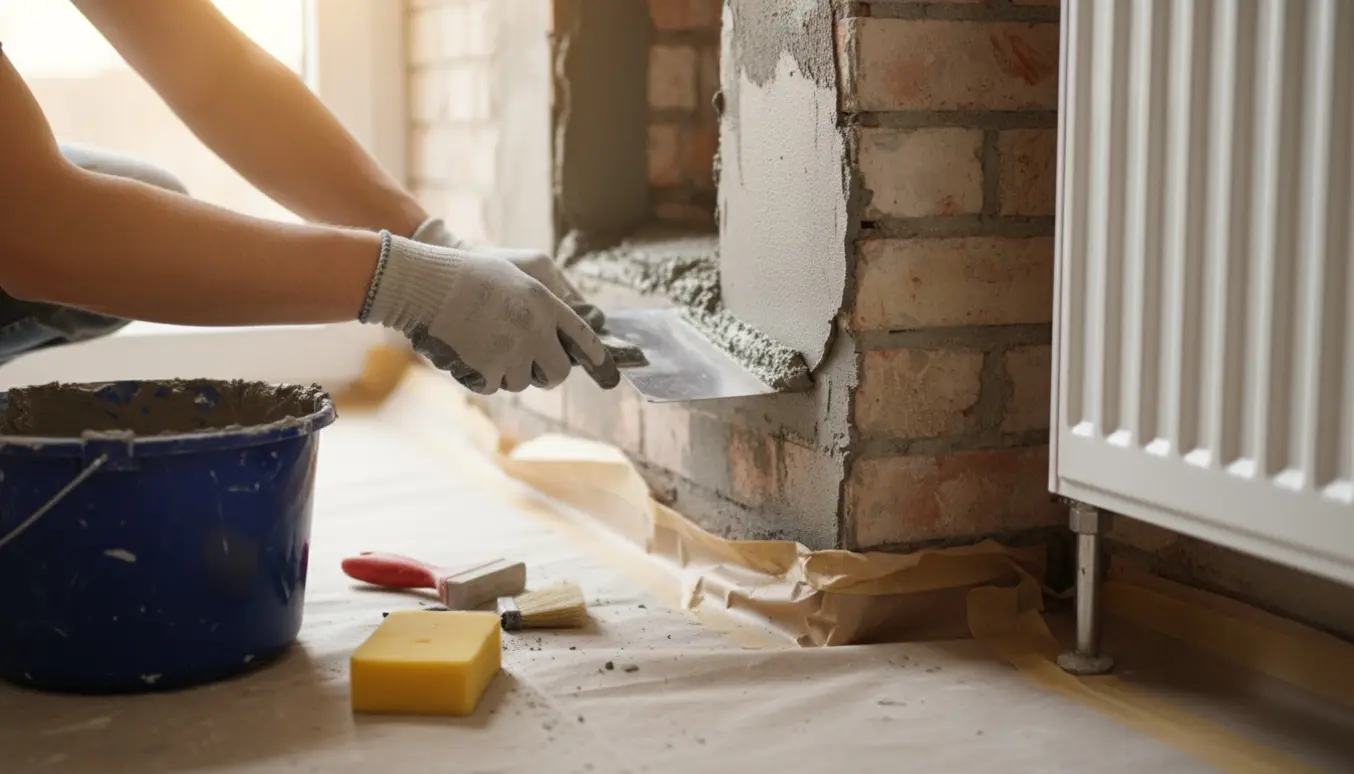 Håndværker pudser indhak i murværk omkring en allerede opsat radiator med murske og spand.