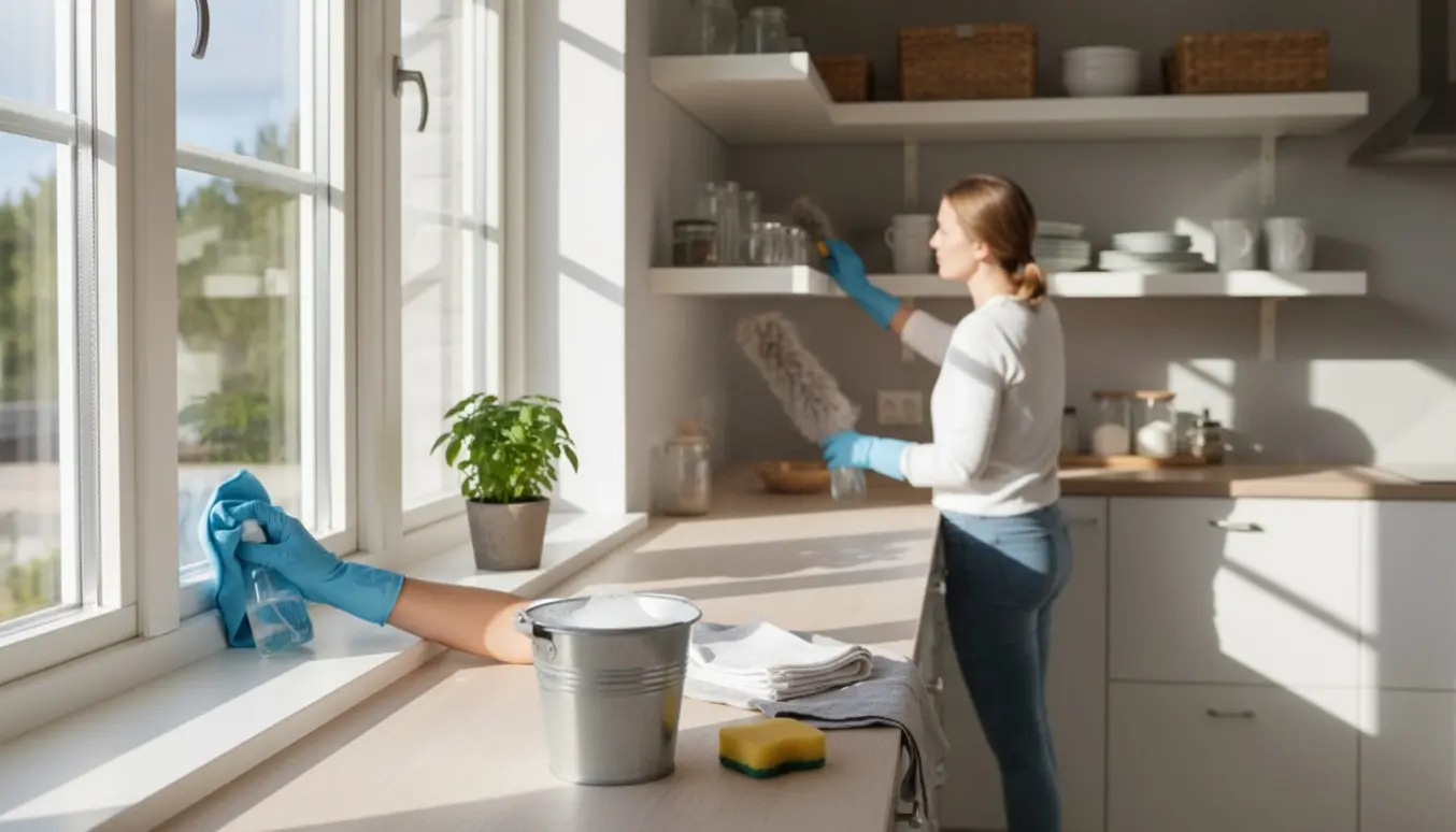 Hænder pudser vindue og tørrer støv af i et lyst nordisk køkken.