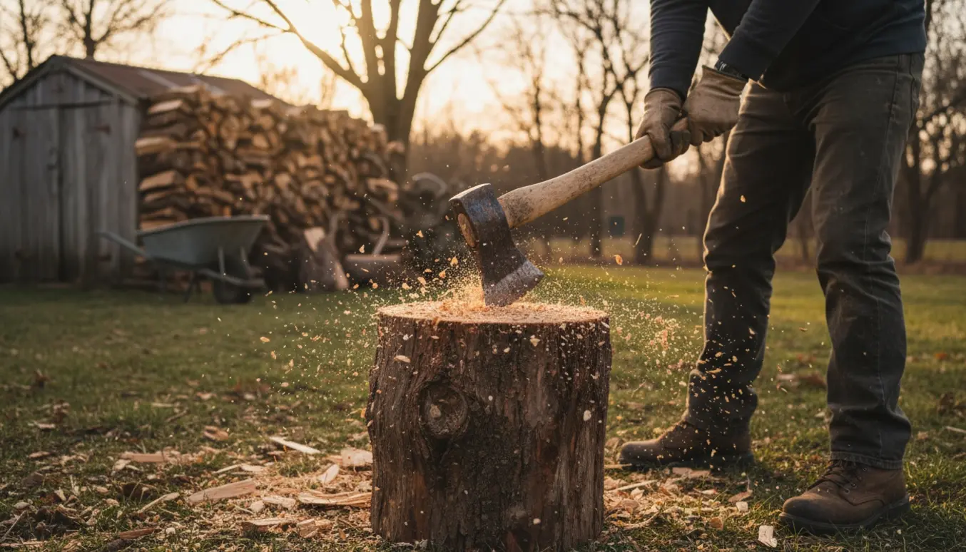 Nærbillede af en kløvøkse, der deler et stykke brænde på en kløvestub med handsker og en brændestak i baggrunden.