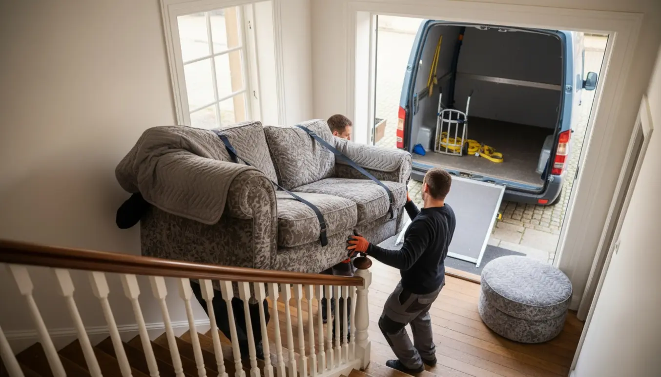 To personer bærer en tung sofa ned ad en smal trappe mod en ventende varebil, mens en puf og flytteudstyr står klar.