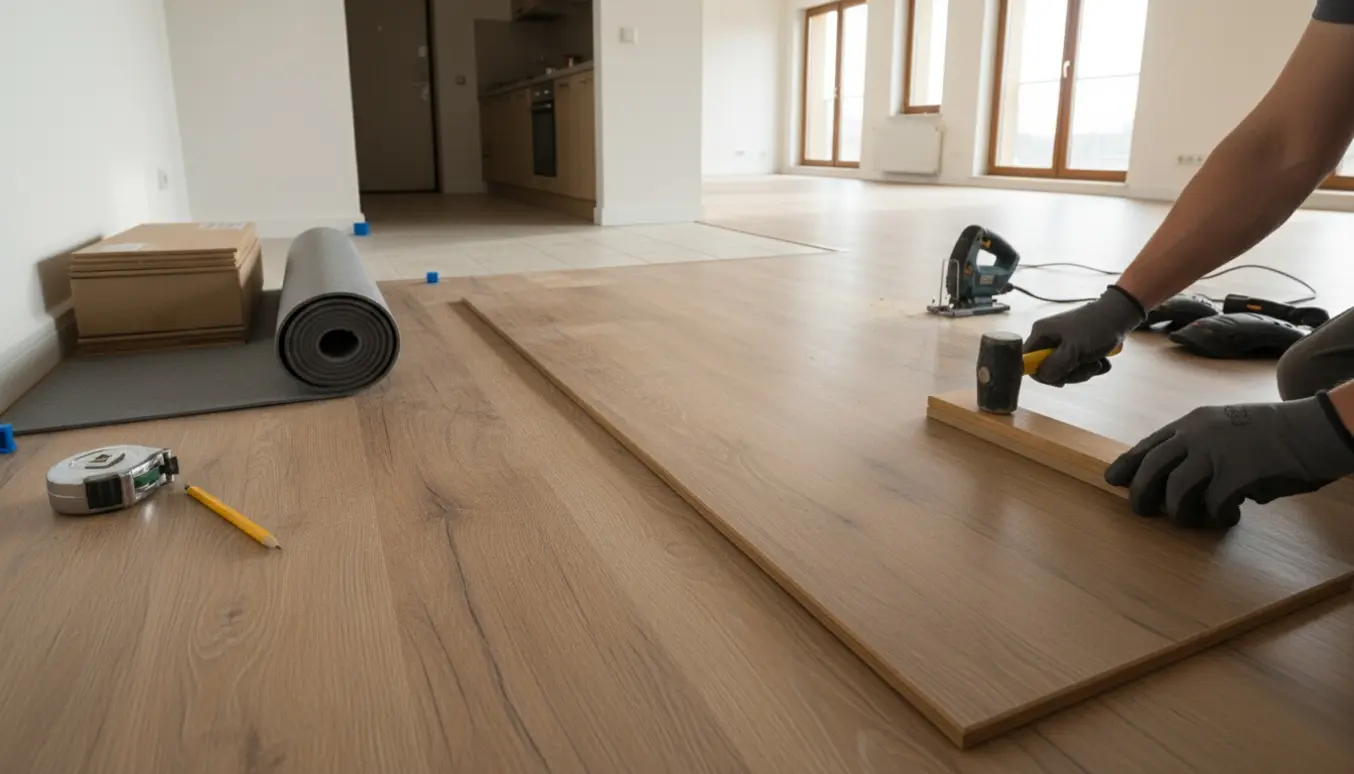 Hænder lægger kliklaminat i en lys lejlighed med køkken og entré i baggrunden.