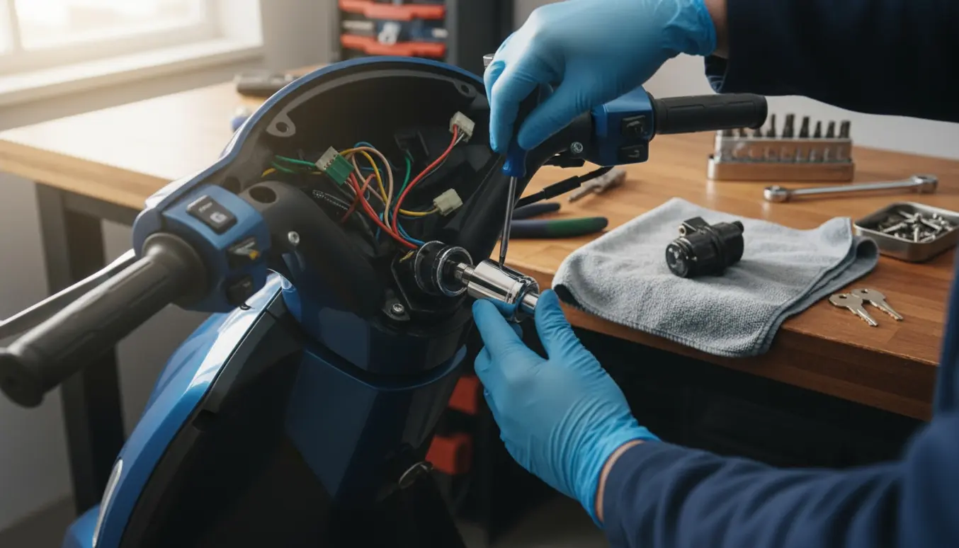 Nærbillede af hænder, der udskifter tændingslåsen på en blå scooter i et lyst værksted.
