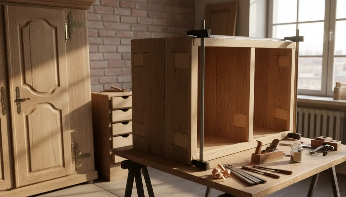 Et lyst værksted med en snedker, der bygger en skabskasse af genbrugstræ med massive døre og messingbeslag.
