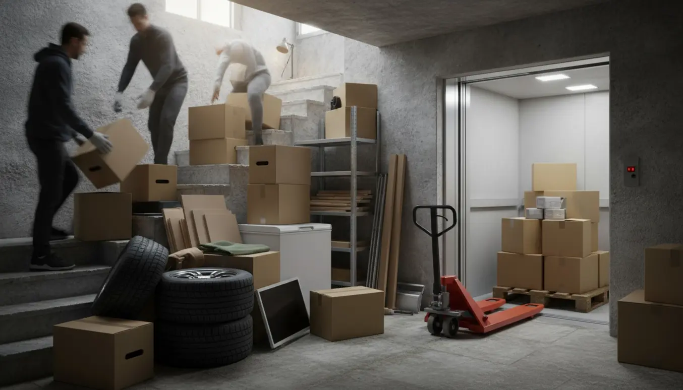 Kælderflytning med stabler af kasser, skærme, bildæk og åben vareelevator.