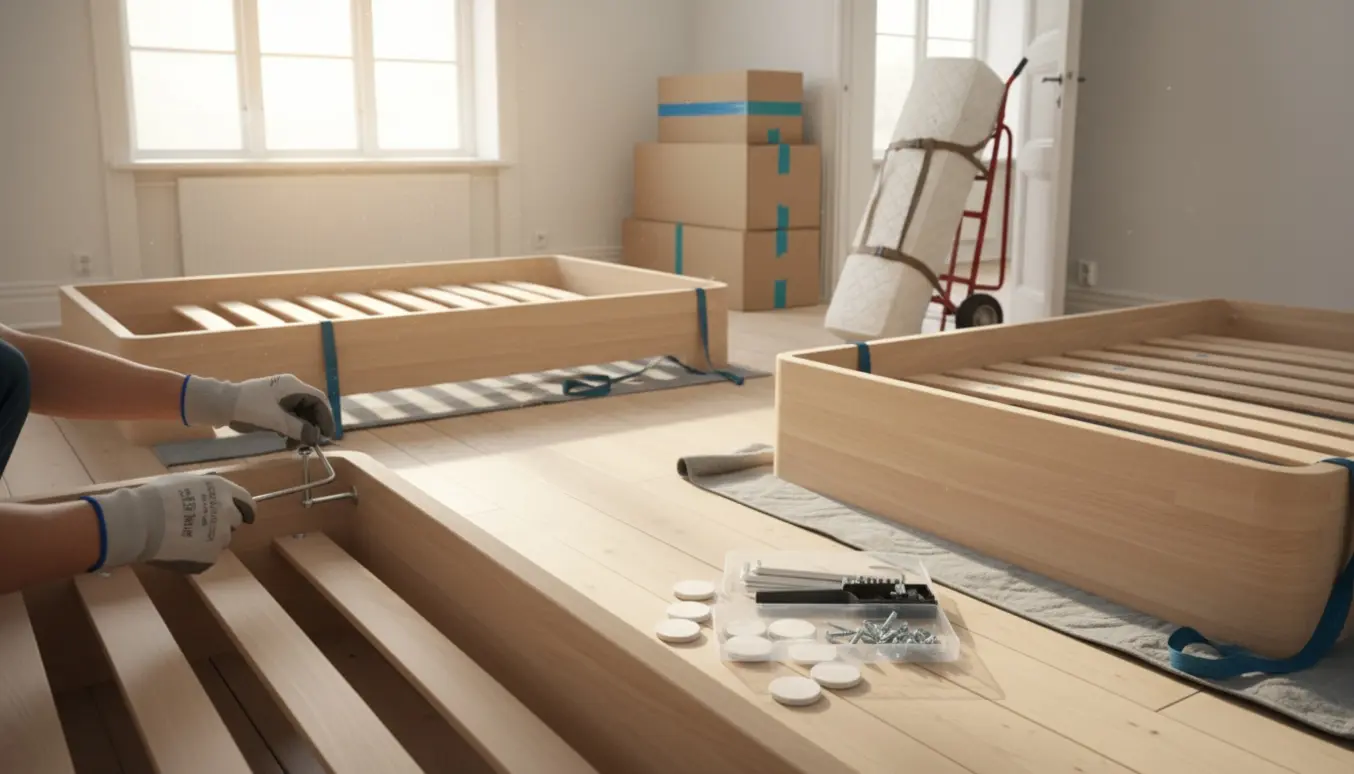 To demonterede senge flyttes og samles i en lys lejlighed med dolly, flyttetæpper og værktøj.