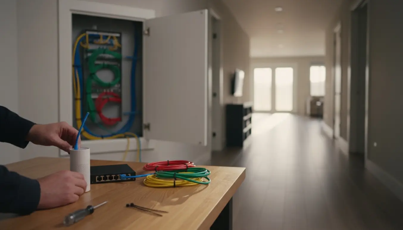 Tekniker tilslutter Ethernet-kabel til mesh-router i et enkeltplanshus med synlige netværkskabler.
