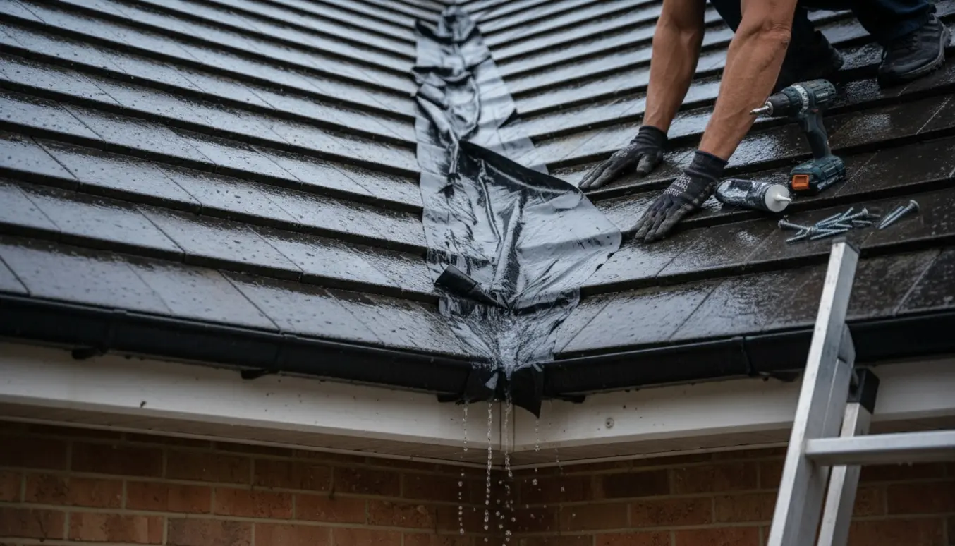 Nærbillede af midlertidig afdækning af en våd skotrende med en presenning og tætningsbånd.