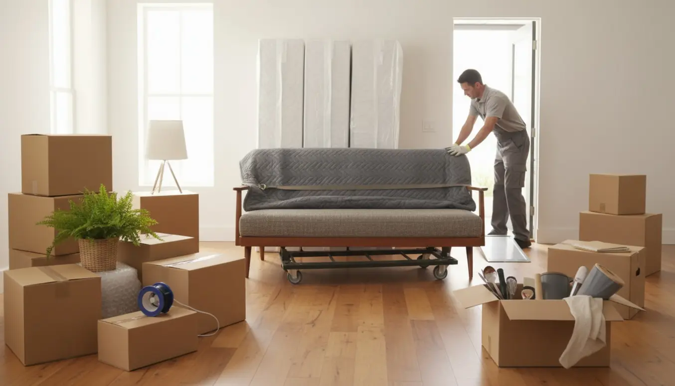 Flyttekasser, fire indpakkede madrasser, en sofa på flyttevogn og småting klar til flytning i et lyst rum.