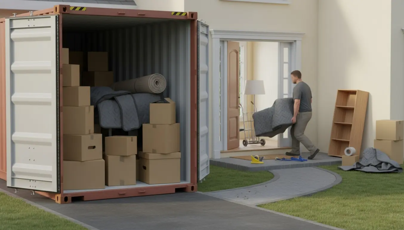 Møbler og kasser flyttes fra en åben opbevaringscontainer ind i et hus, personer set fra skuldrene ned.