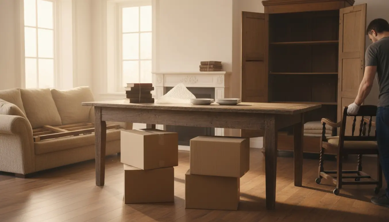 Hænder i handsker pakker porcelæn ved fire flyttekasser i et solbelyst hjem under rydning af dødsbo.