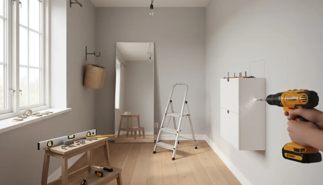 En hånd bruger en boremaskine til at montere et skoskab, spejl og beslag i en lys entre.