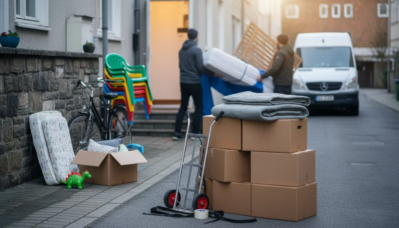 To flyttefolk læsser seng, havemøbler og flyttekasser foran en stuelejlighed med cykler i baggrunden.