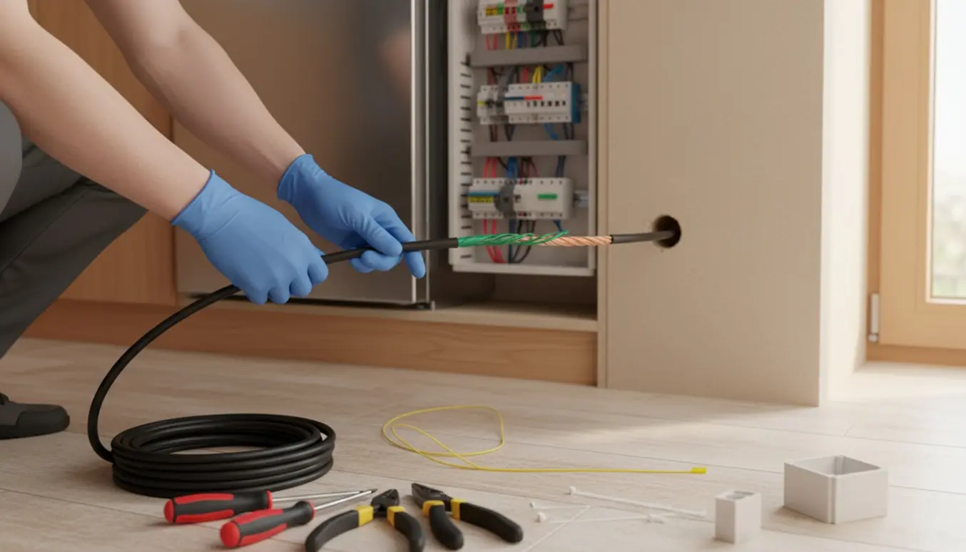 Elektriker trækker nyt jordforbundet kabel fra åben eltavle mod opvaskeren, med værktøj og kabelrulle i forgrunden.