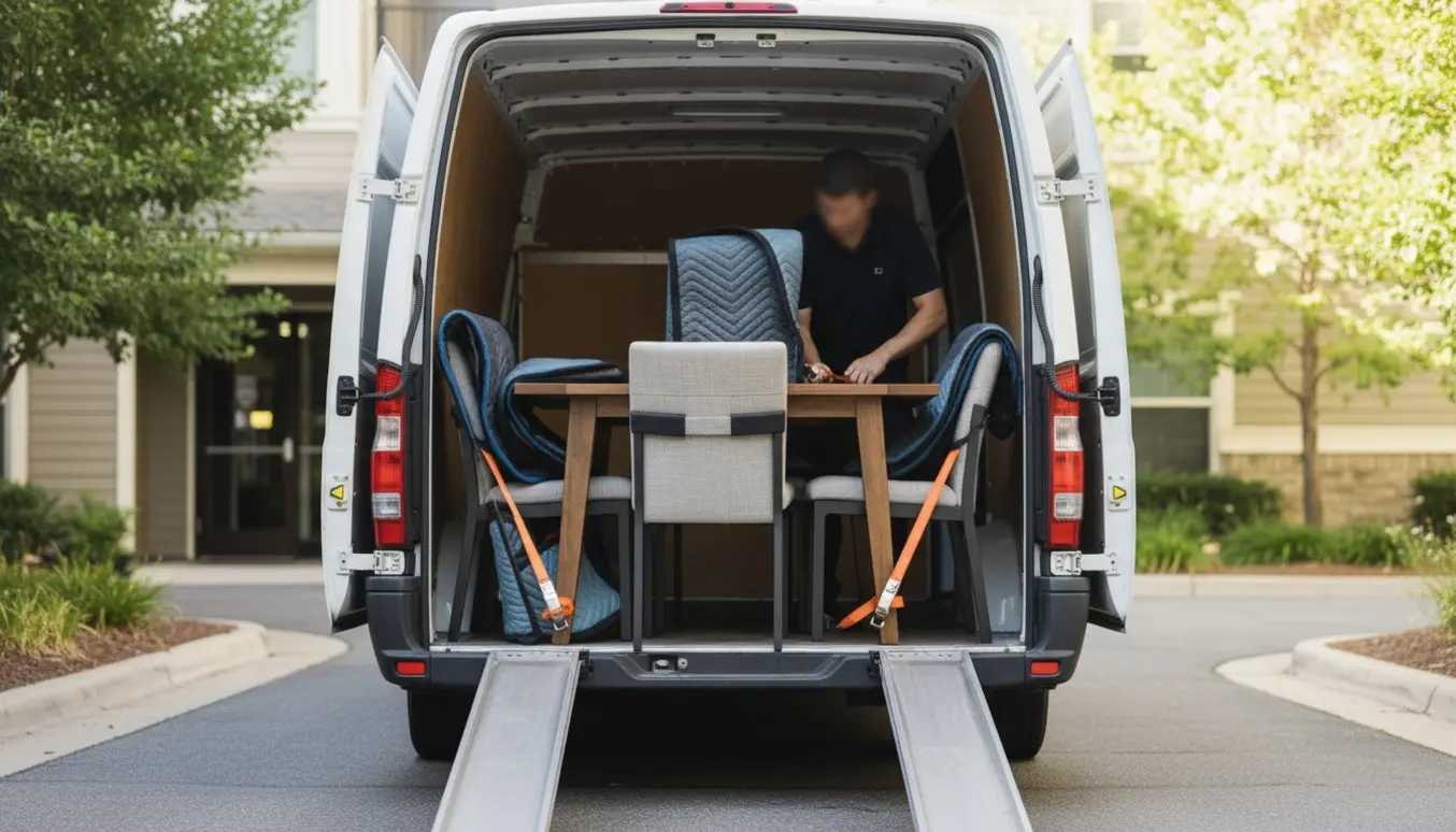 Fire stole og et bord læsses i en flyttevogn med tæpper og stropper på en solrig formiddag.