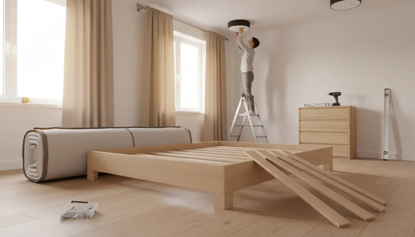 Soveværelse under montering med en enkel seng, gardiner og loftslamper.