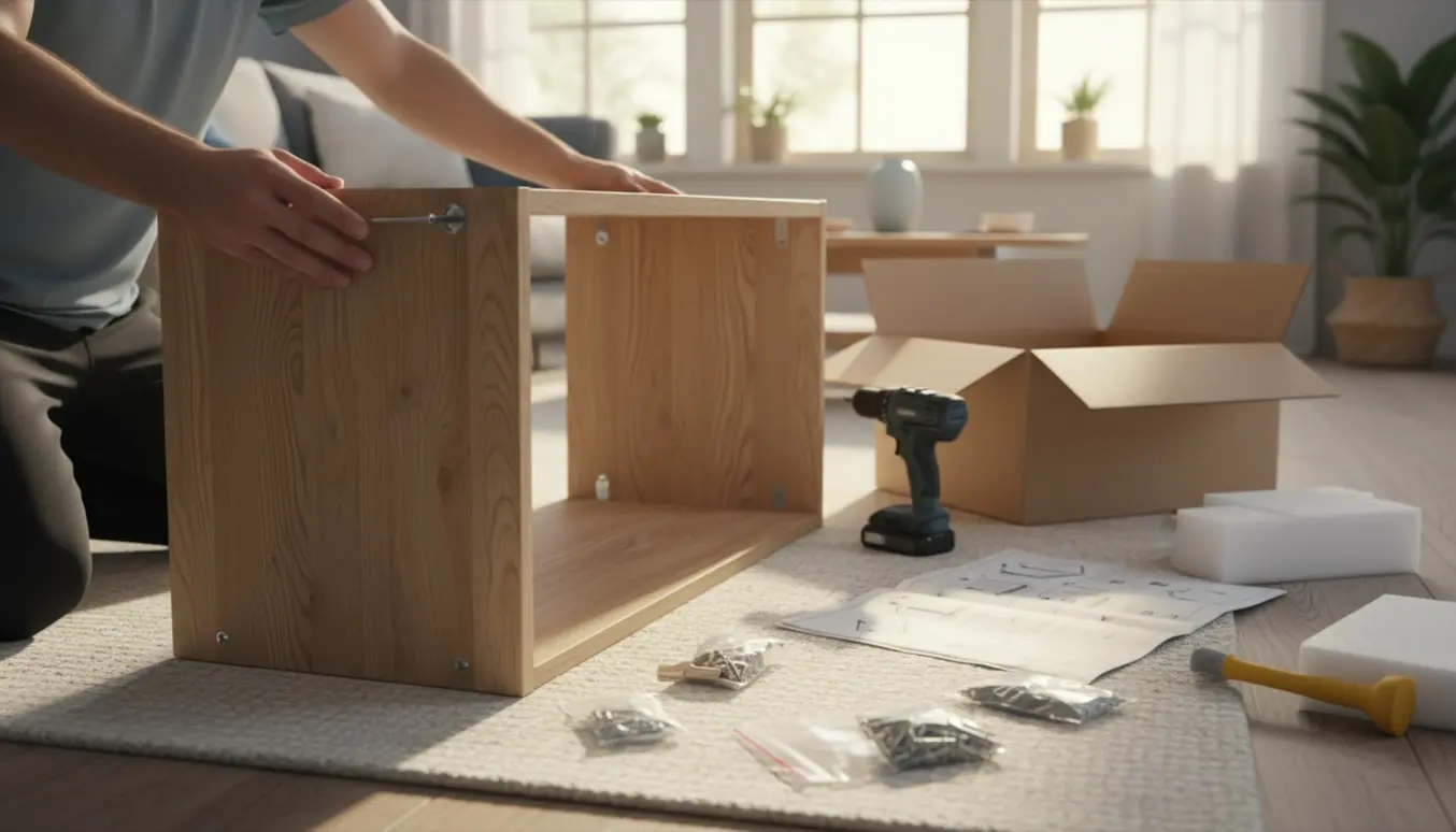 Hænder samler et møbel i en lys stue med værktøj og åbne kasser omkring.