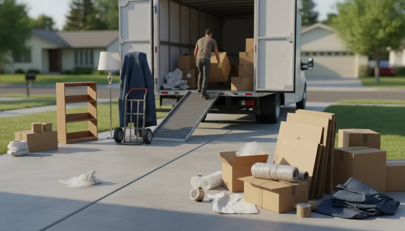 Åben flyttevogn på indkørsel med stablede papkasser, flyttematerialer og en sækkevogn klar til afhentning.