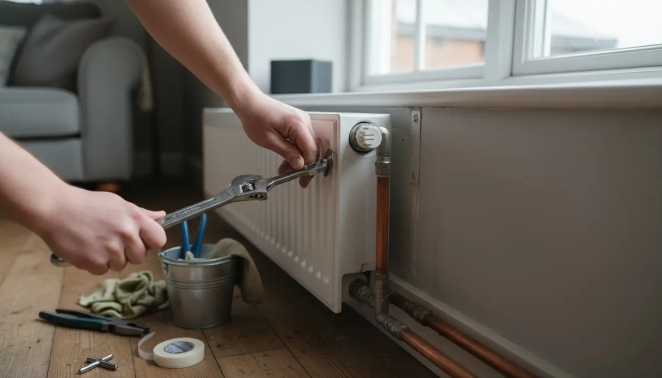 Hænder reparerer en radiator med skruenøgle og udluftningsnøgle i en stue.