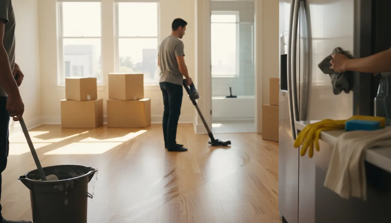 Flytte-rengøring i lys lejlighed med flyttekasser, støvsugning og aftørring af køleskab.