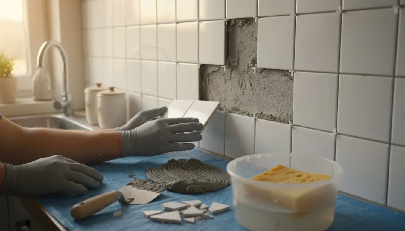 Nærbillede af udskiftning af ca. 10 ødelagte 15x15 cm køkkenvægfliser med værktøj og handsker.