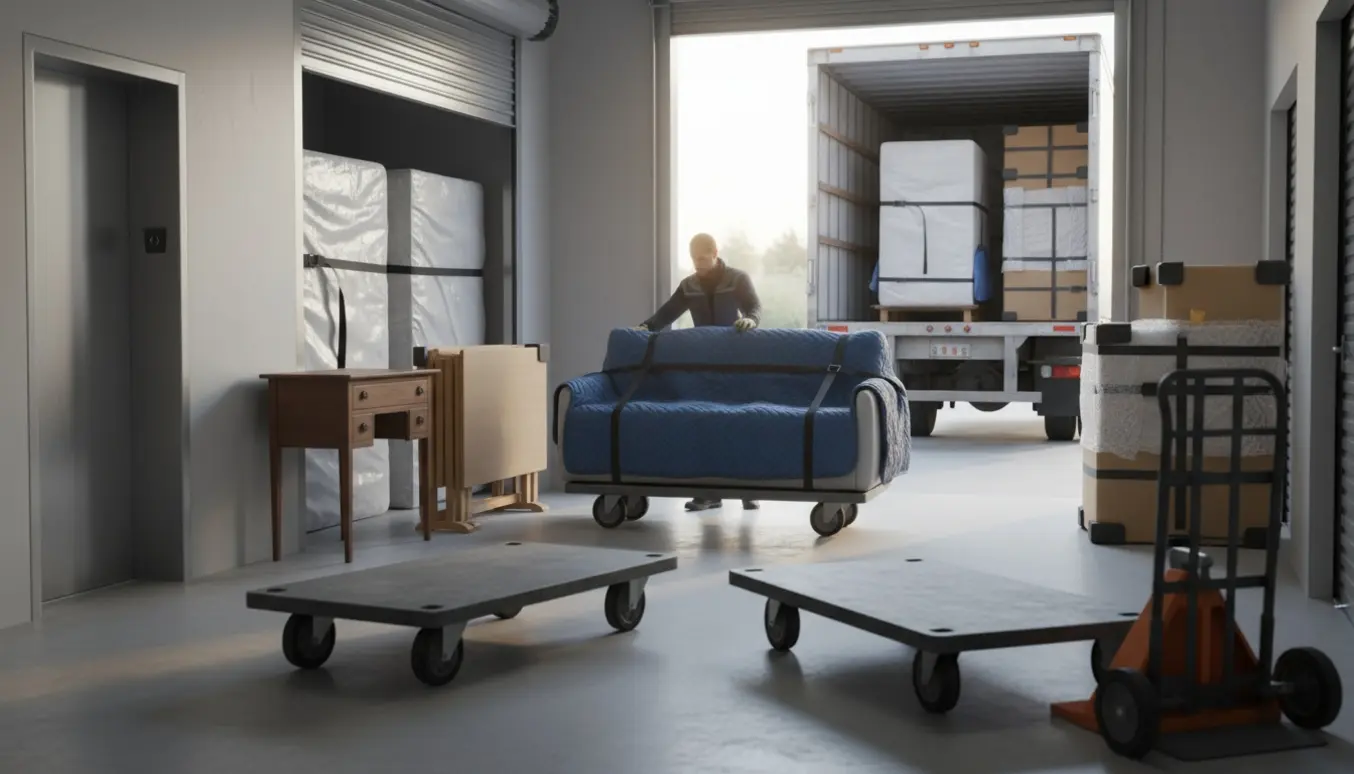 Indpakkede madrasser, sofa og bord flyttes fra et opbevaringsrum til en trailer i en last-hall.