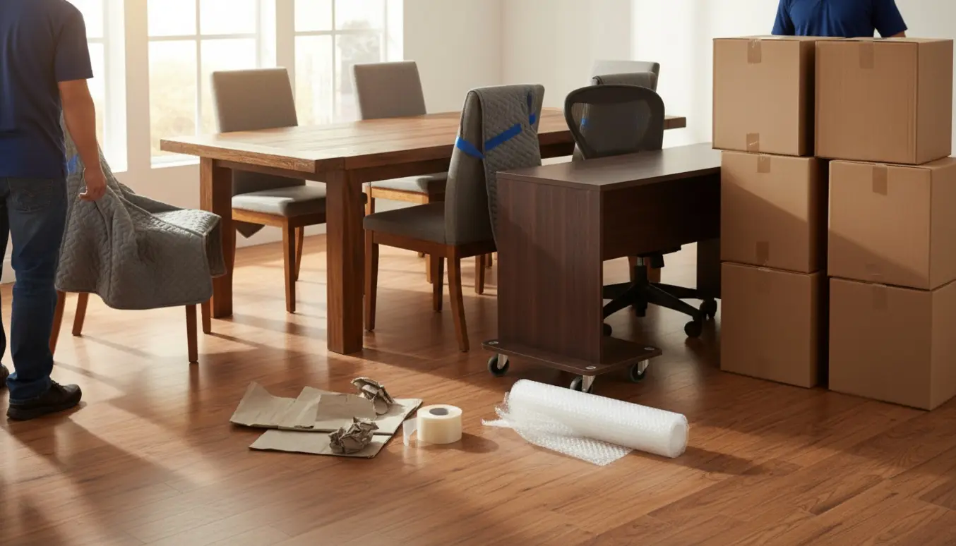 Flytting i en solbeskinnet stue med spisebord og seks stole, skrivebord med stol og ti lukkede flyttekasser.