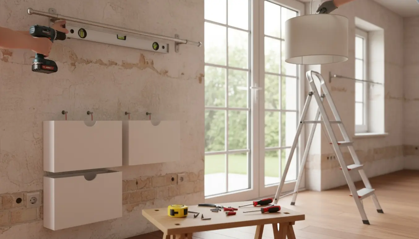 Hænder monterer gardinstang over havedør, væghængte skokasser på mur og ledning fra loftets krone til en lampeskærm.